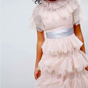 Needle & Thread tiered maxi gown with waistband in ROSE